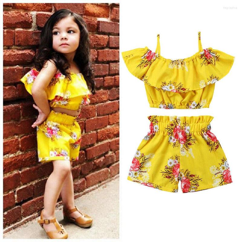 

Clothing Sets Toddler Baby Girl Beautiful Outfits Ruffled Flower Off Shoulder Vest Tank Tops Short Pants, Yellow