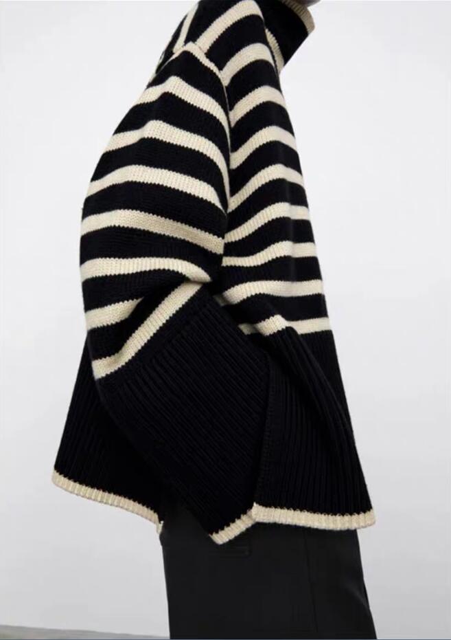 2022 Toteme femmes tricots t-shirts rayures noires et blanches col haut lâche classique mélange de laine pull à rayures tempérament Sho-rt haut c