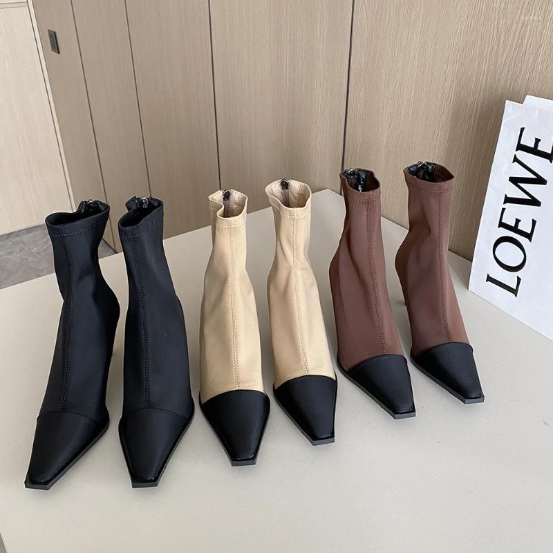 

Boots Mixed Color Women Ankle Sock Dress Shoes Fashion Stretch Thin High Heels Back Zipper Black Brown Beige Botas