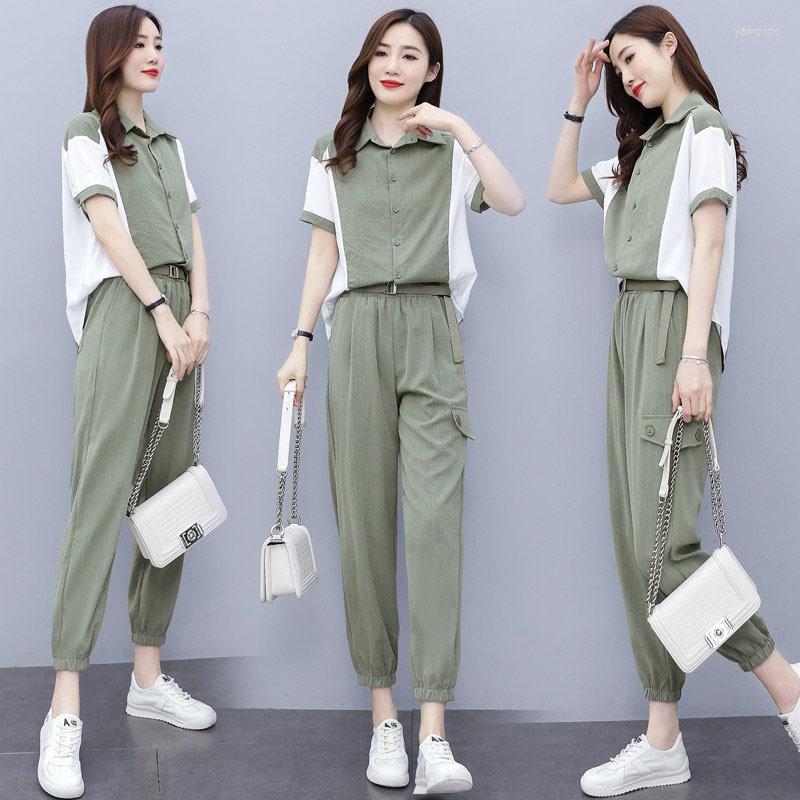 

Women's Two Piece Pants Women's Fashion Casual Suit Women's 2022 Summer Short-sleeved Stitching Shirt Top Harem Sportswear, Black