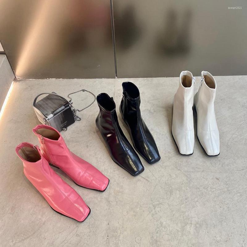 

Boots Square Toe Women Ankle Pink Black White 2022 Arrivals Fashion Party Pumps Thick Mid Heels Side Zipper Winter Botas