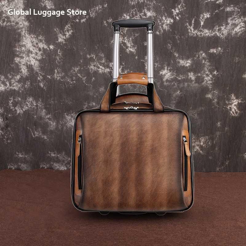 

Suitcases Fashion 16inch Leather Luggage For Business Trip Genuine Rolling Case Men Women Unisex Carry On Real Cowhide