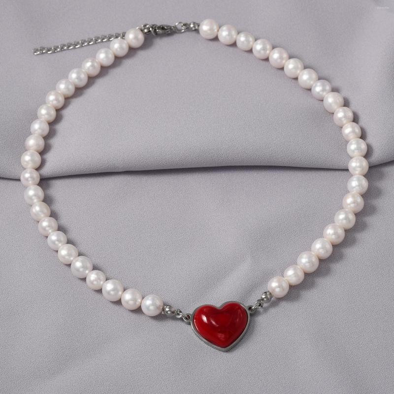 

Choker Trendy Pearl Jewelry Stainless Steel Heart Charm Necklace Freshwater 8-9mm Nearly Round Beads Handmade Anti-Rusting