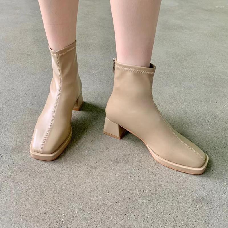

Boots Black Beige Khaki Women Roun Toe Sock Square Mid Heels Stretch Shoes Back Zipper Solid Color Fashion Dress Woman 39