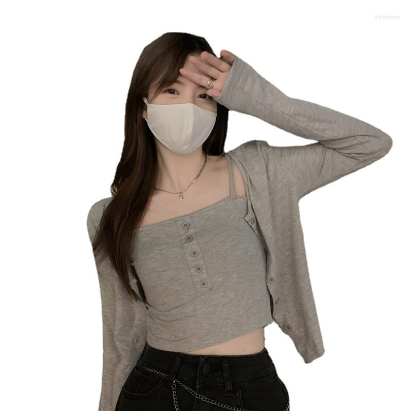 

Women's Knits Women Summer Fashion 2pc Shirt Sets Sexy Little Tank Vest Camisole Top&Sun Protection Short Cardigan 2 Piece Matching Suit, Black