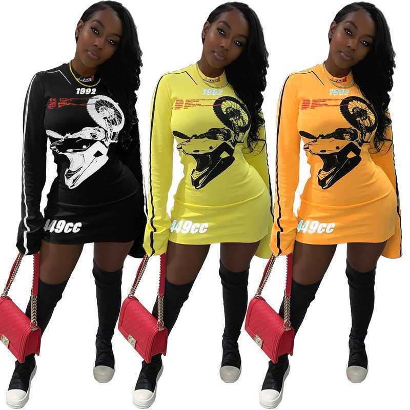 

Womens Dress Designer Long Sleeve Dresses Sexy Nightclub Sports Locomotive Pattern Printed Fashion T Shirt Skirt For Woman, Black