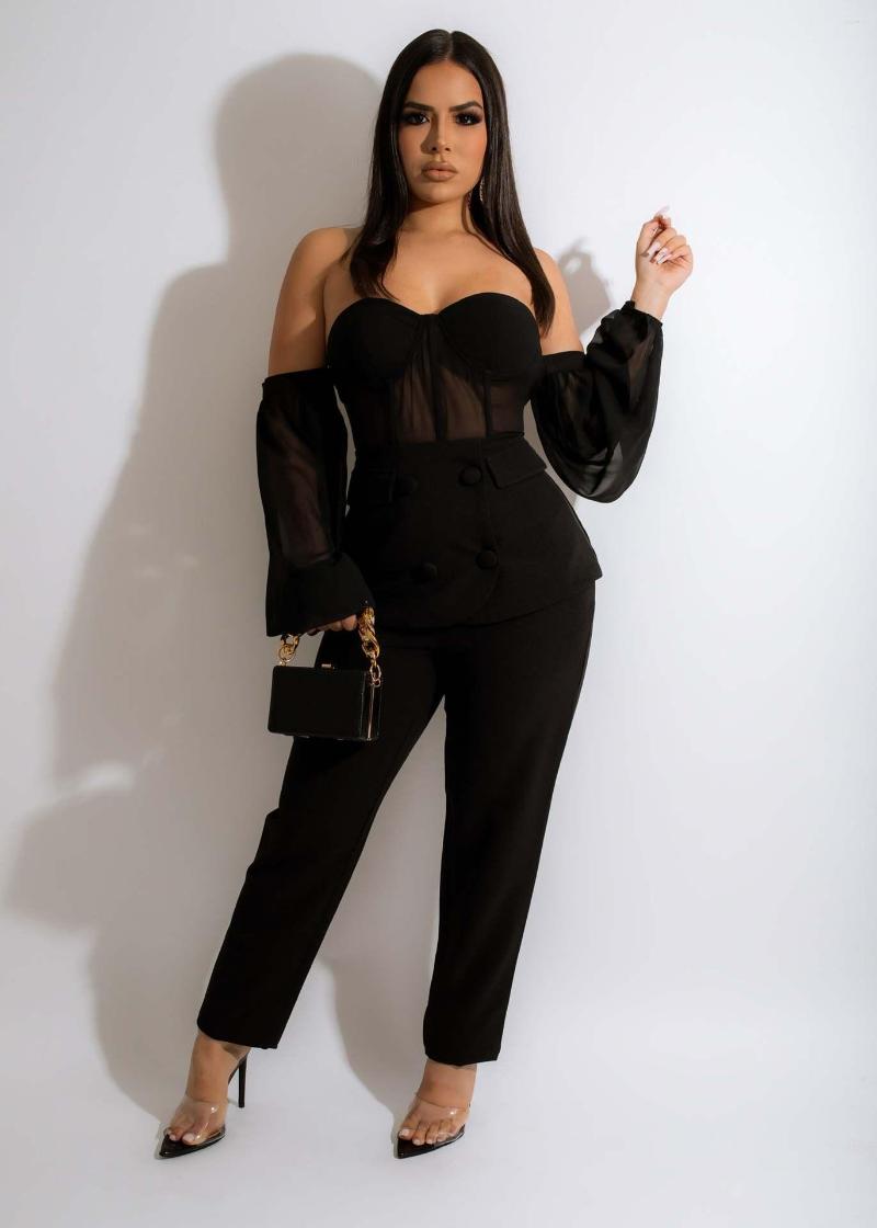 

Women' Two Piece Pants MUDAN Women' Clothing Set Mesh One-Shoulder Lantern Sleeves Perspective Top 2-Piece Banquet Suit Party, Jh299