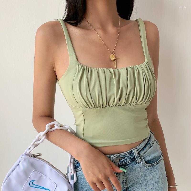 

Women's Tanks Crop Top Women Sexy Casual Sleeveless Ruched Tank Summer Short Corset Tops Camis Solid Wrap Camisole Off Shoulder Vest Femme, Black