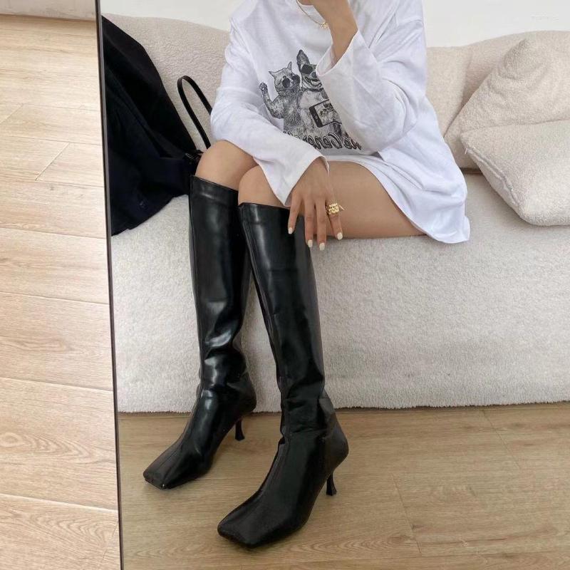 

Boots Square Toe Women Knee High 2022 Arrivals Black Red Thin Heels Slip On Winter Knight Booties Sexy Pumps