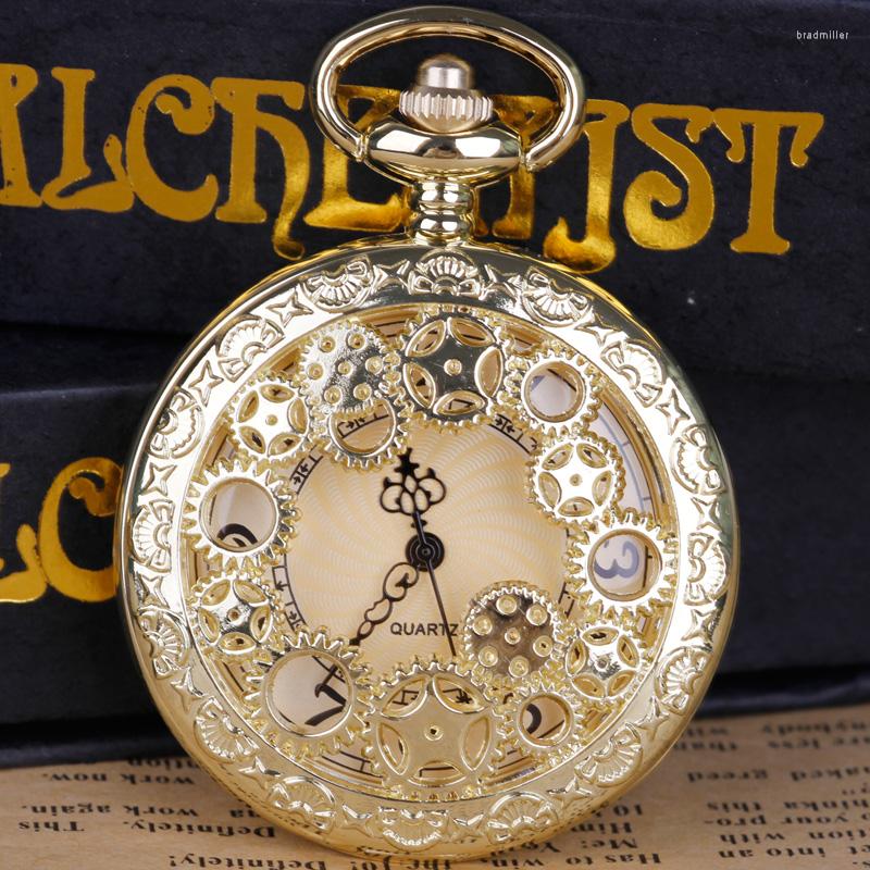 

Pocket Watches Quartz Movement Watch Hollow Gear Pendant Gift With Chain Womens Mens Gifts, Black