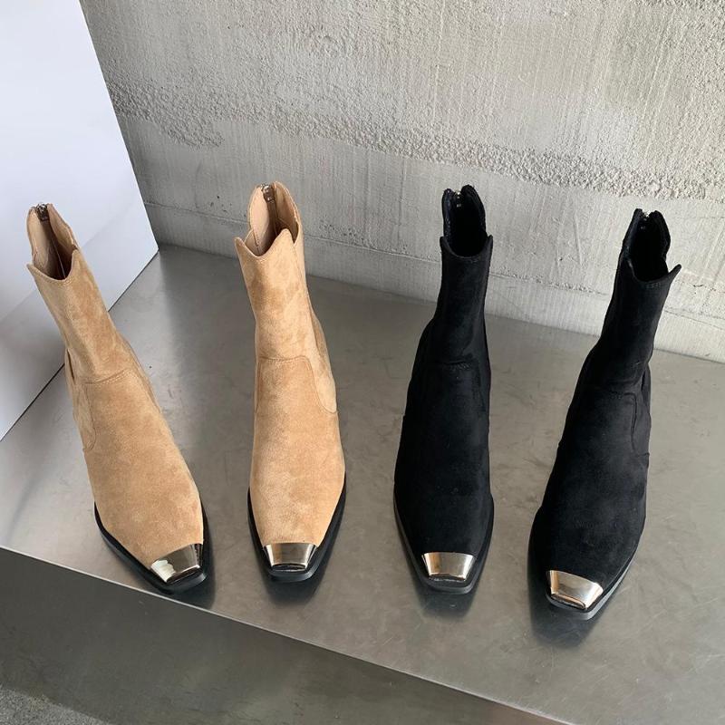 

Boots Small Square Toe Women Ankle Fashion Flock Short Booties Flat Mid Heels Elastic Band Western Shallow Slip On Pumps, Black