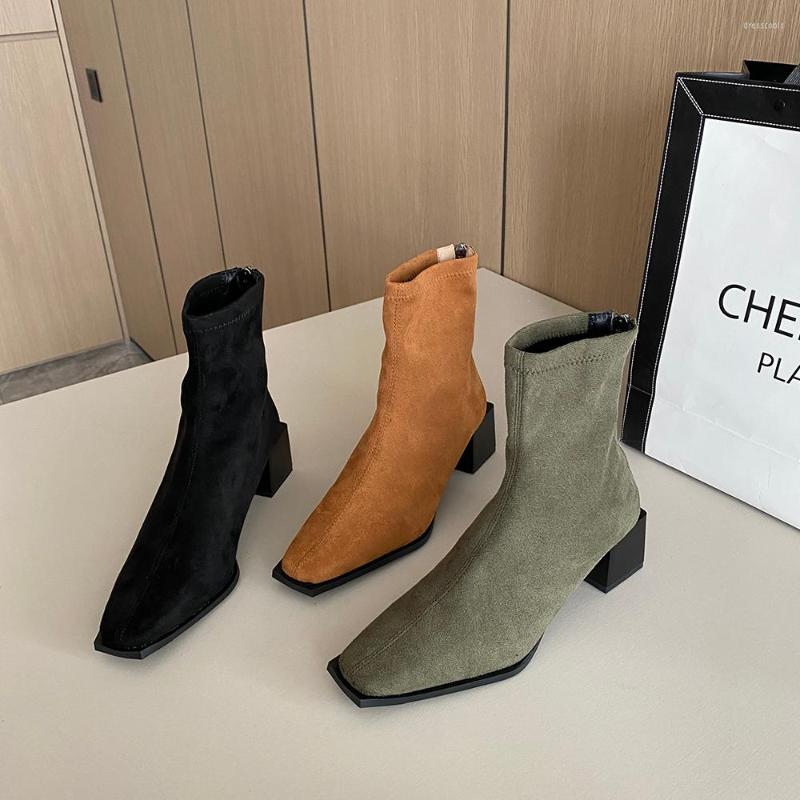 

Boots Flock Women Ankle Square Toe Stretch Shoes Thick Mid Heels Black Brown Green Back Zipper Winter Party Pumps Dress 39