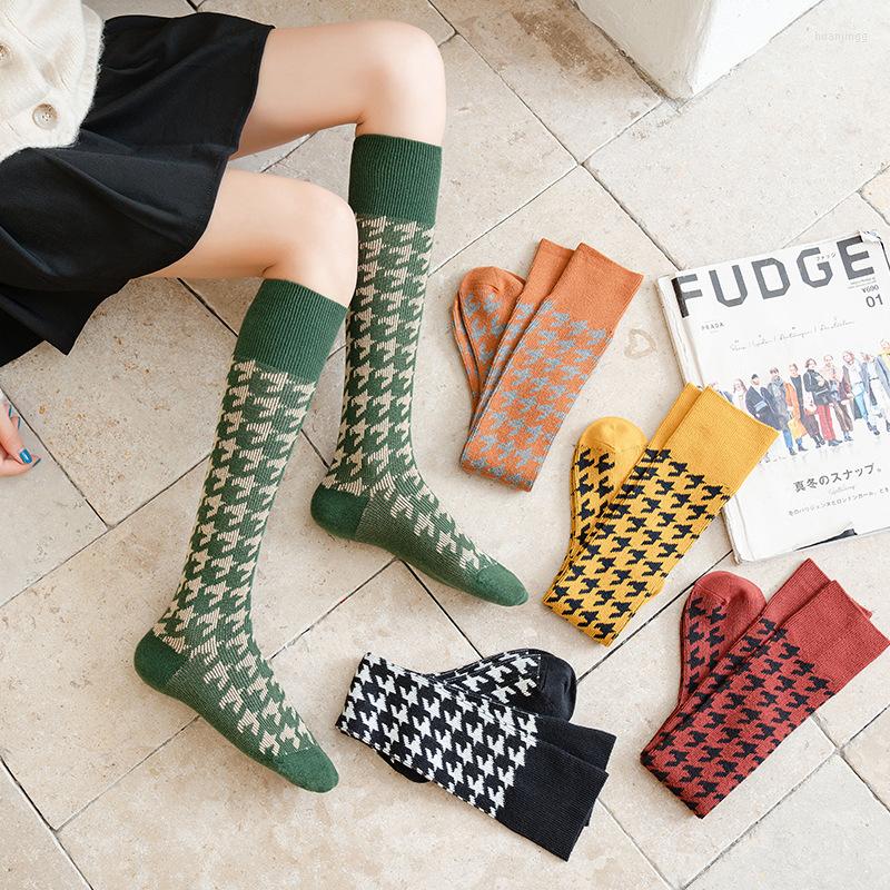 

Women Socks Cotton Autumn And Winter Houndstooth Fashion Party Knee-length Stockings Ladies Girls Warm Ins High Quality, Black