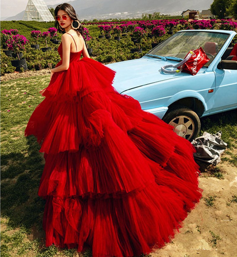 

Gorgeous High Low Prom Dresses Red Tulle Puffy Formal Celebtiry Gowns Tiered Custom Made Chic Prom Dress For PhotoShoot Robes De Soiree Vestidos Fieast, Same as picture