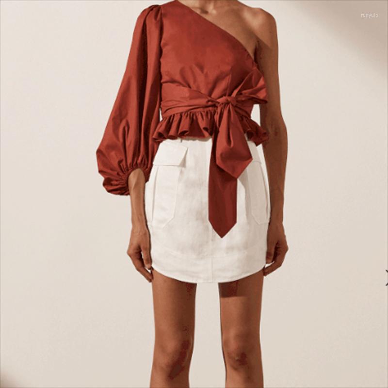 

Women' Blouses ZXQJ Women 2022 Fashion Cotton With Bow Tie Ruffled Crop Vintage One Shoulder Lantern Sleeve Female Shirts Chic Tops, Picture shown