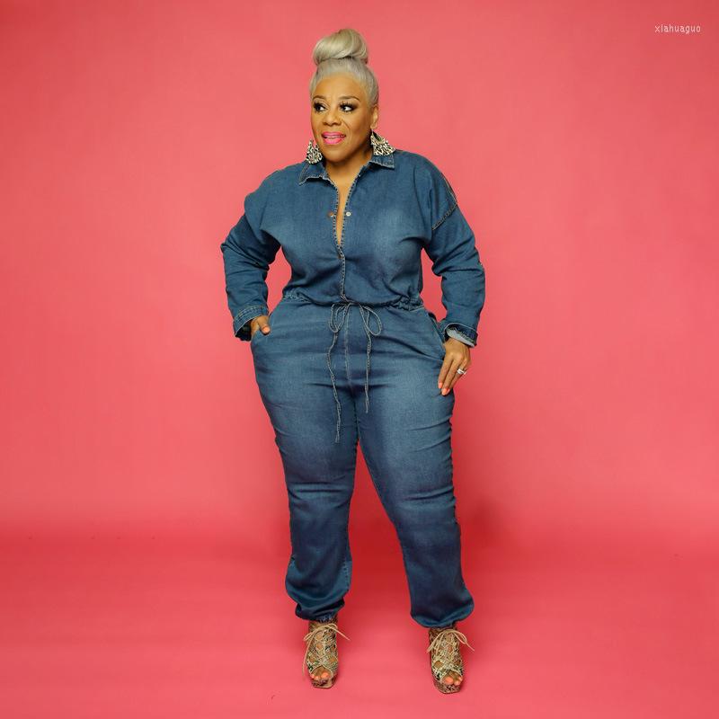 

Tracksuits ChocoMisty-LadyPlus Plus-size Jumpsuits & Rompers Shirt Collar Back Chains Denim Jumpsuit, Navy blue