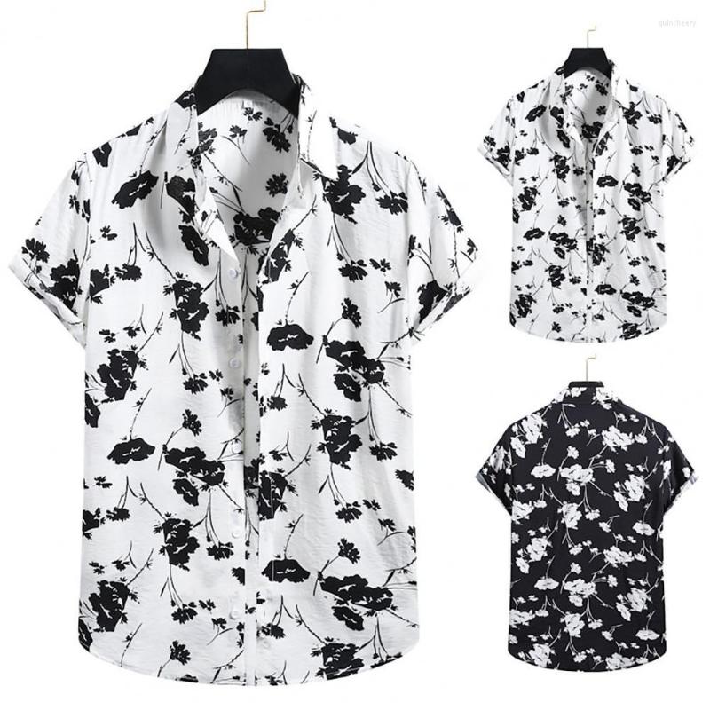 

Men's Casual Shirts Flower Printed Turn-down Collar Men Shirt Contrast Color Short Sleeve Buttons Summer Top Soft Cardigan Beach For, Black