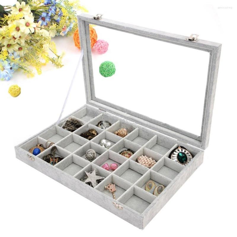 

Jewelry Pouches SZanbana Velvet 24 Grid Tray Box Removable Display Case Organizer Glass Top Lid & Lock