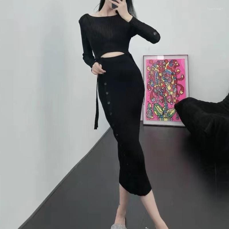 

Casual Dresses Selfp Woman Black Round Neck Elegant Knit Hollow Out Knitted Fashion Maxi Dress French Brand Party Vestidos, Kno0262