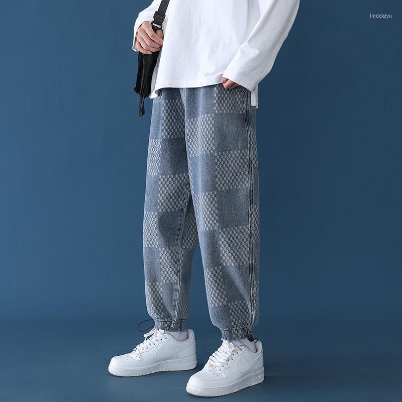 

Men's Pants Korean Plaid Jeans Men's Fashion Retro Casual Wide-leg Men Streetwear Loose Hip-hop Drawstring Denim Trousers Mens -5XL, Gray