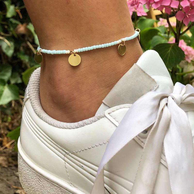 

Anklets Round Coin Pendant Elastic For Women Stone Green Beads Tobillera Bohemian Bracelets On Leg BOHO Ocean Party Jewelry 2022