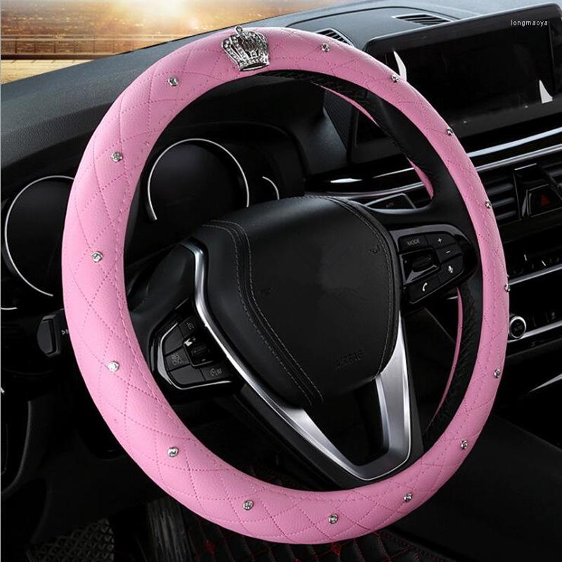 

Steering Wheel Covers Upscale Crystal Crown Coverd Women Car Steering- Braid Luxurious Diamond PU Leather Cover Diameter 38 CM