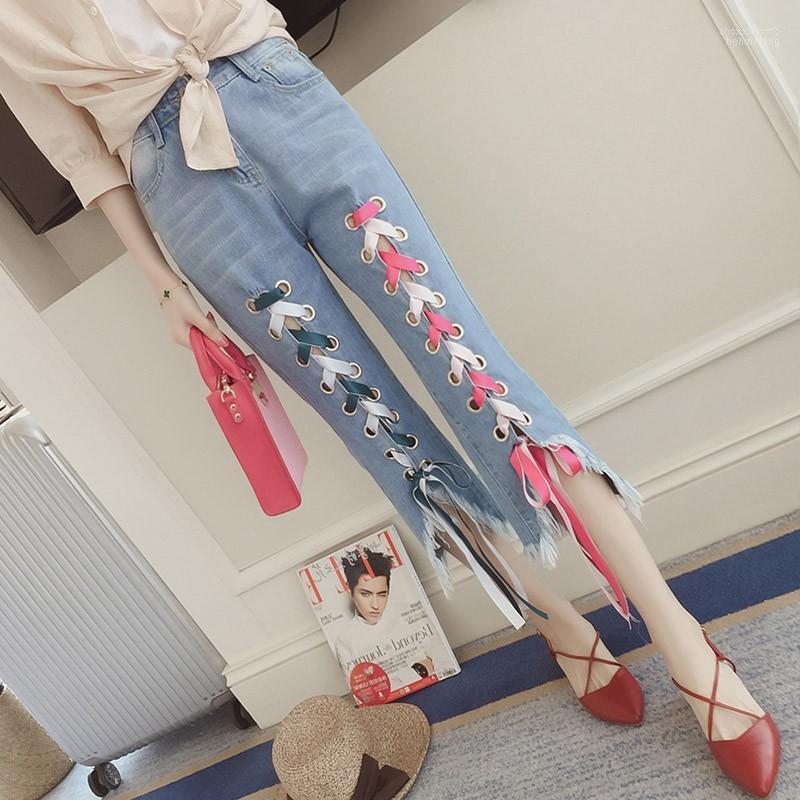 

Women' Jeans Women' 2022 Spring Style Capri Ozhouzhan Cool Mixed Colors Bandage Cloth Irregular Large Size Mao Bian Ku UT317, Blue