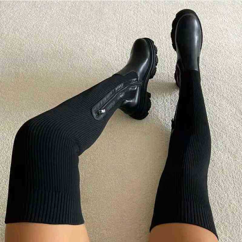 Bottes pour femmes automne et hiver à semelles épaisses au-dessus du genou, tricot volant élastique