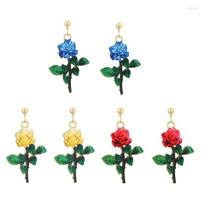 

Dangle Earrings Design Enamel Red Rose Drop Charming Metal Pendant With Flower Art For Women Girl Jewelry Gift