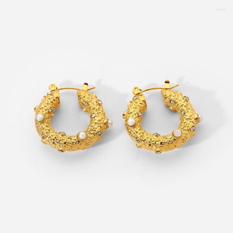 

Hoop Earrings Fashion Hammer Cubic Zirconia Pearl Golden Stainless Steel Circle Daily Wearable Stylish Jewelry Drop Pendant