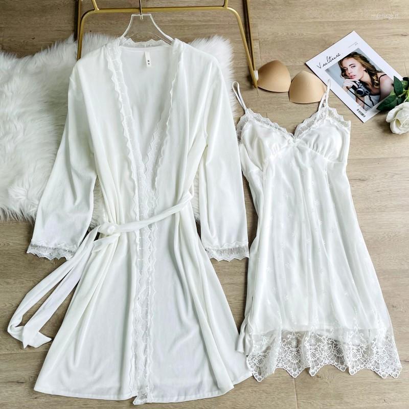 

Women's Sleepwear Solid V-neck Kimono Gown Sets Sexy Velour Robe Suits 2PCS Autumn Winter Strap Nighty Nightgown Bride Wedding Bathrobe, Black