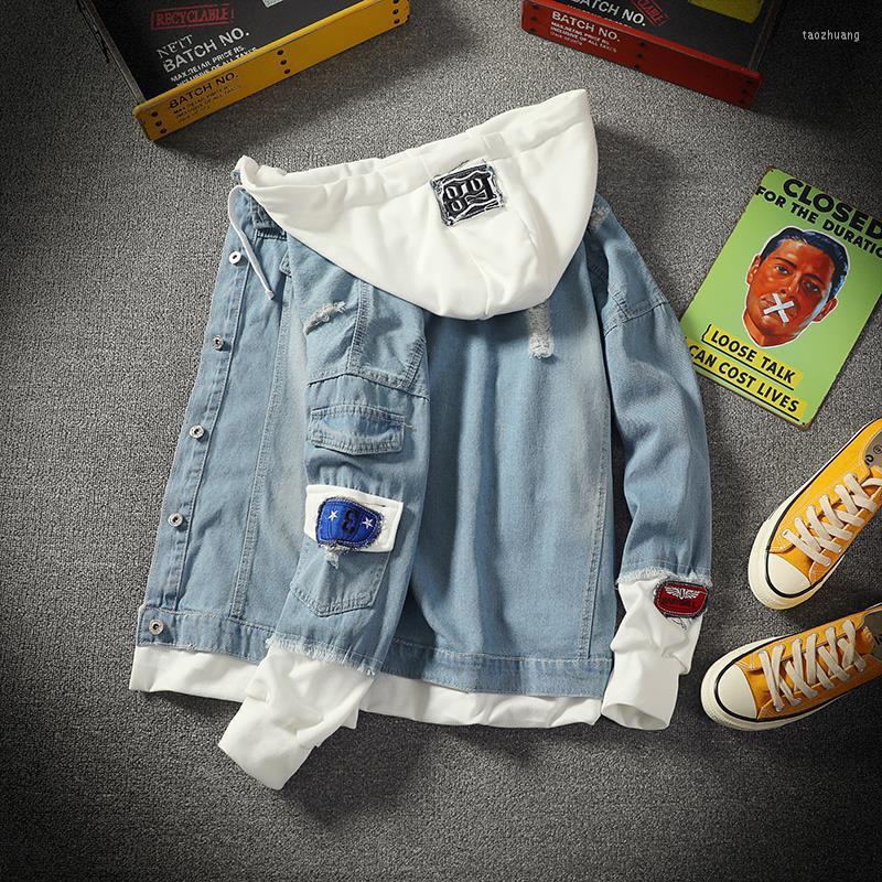 

Men' Jackets Spring Summer Handsome Fake Two-piece Denim Jacket Men' Plus Fertilizer Hooded Casual Korean Fashion Clothing, Sky blue