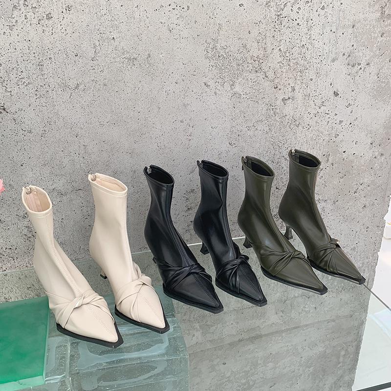 

Boots Pointed Toe Women Sock Stretch Shoes Beige Black Green Bow Back Zipper Elastic Booties Thin Mid Heels Dress Autumn