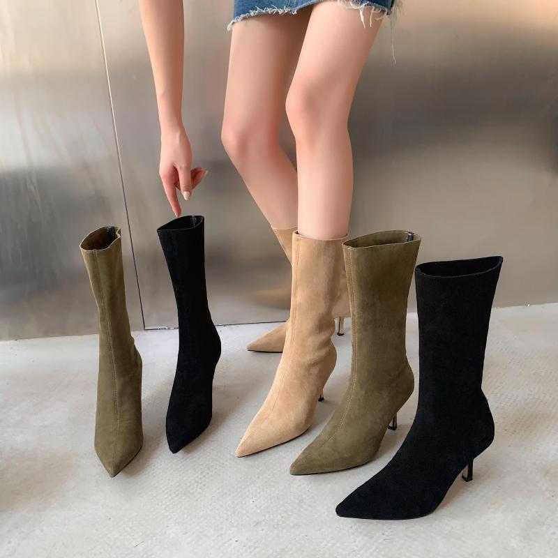 

Boots Pointed Toe Women Mid Calf Sock Booties 2022 Fashion Stretch Shoes Thin High Heels Black Beige Green Winter Autumn Botas