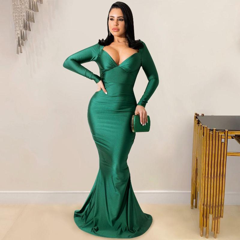 

Casual Dresses Sexy V Neck Long Sleeve Backless Bodycon Maxi Dress Women Elegant Evening Party Gown 2022 Spring Fall French Mermaid, Black