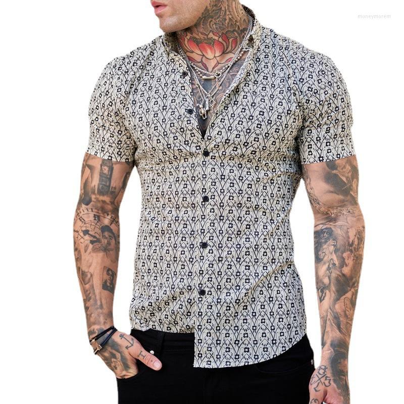 

Men's Casual Shirts Men's Summer Slim Fit Fashion Stretch 3D Printed Lapel Short Sleeve Shirt, White
