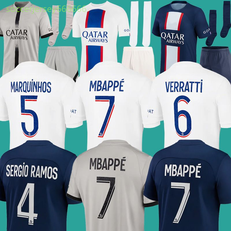 Joueur 30 10 Mbappe 7 Jersey de football HAKIMI Sergio Ramos Sanches Donnarumma Verratti Marquinhos 22 23 MAILLOTS FOOTBALL THIRT 2022 Men Kit Ki