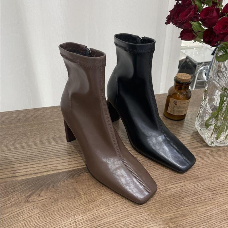 

Boots Square Toe Women Ankle 2023 Fashion Sock Booties Stretch Shoes Black Brown White Thick High Heels Pumps Dress Botas