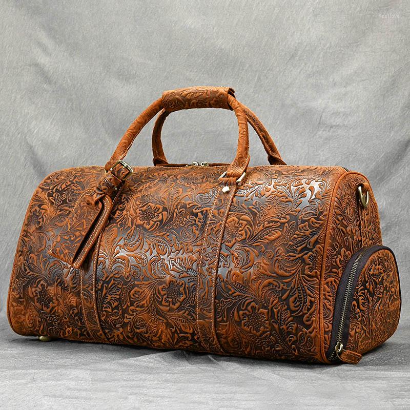 

Duffel Bags Luufan Embossed Design Genuine Leather Men's Travel Bag Vintage Large Capacity Women Luggage Male Weekend Handbag, Black