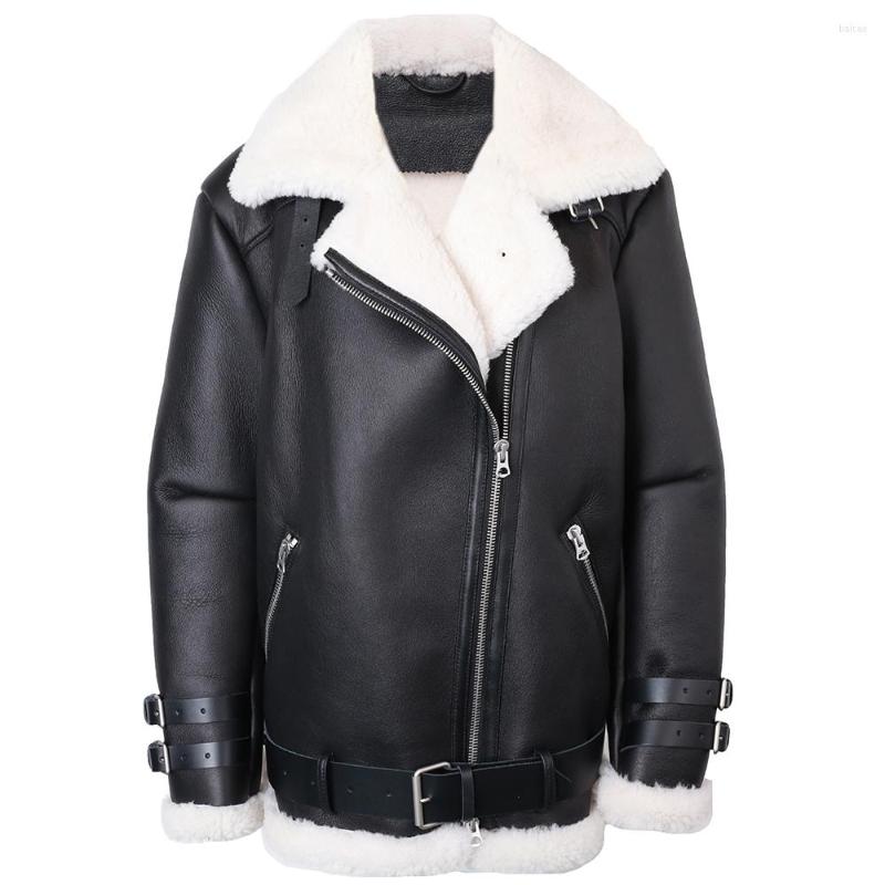 

Women's Leather YOLOAgain Oversized Winter Warm Lamb Fur Shearling Coat Women Moto Biker Real Jacket Female, As shown