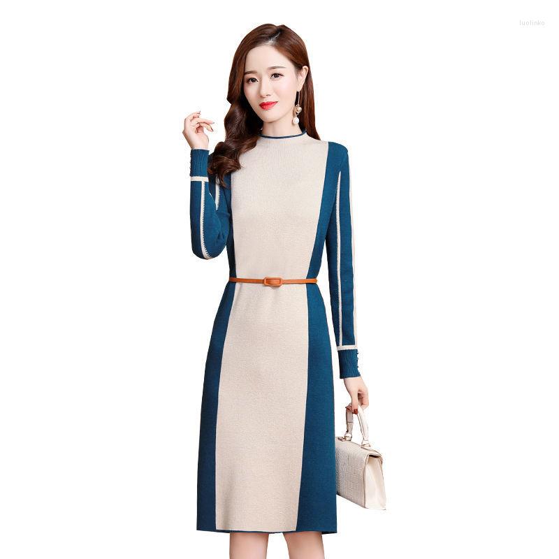 

Casual Dresses Women's Knitted Dress Winter Korean Version Of A-line Skirt Contrast Color Fashion Base Sweater Female, Blue white