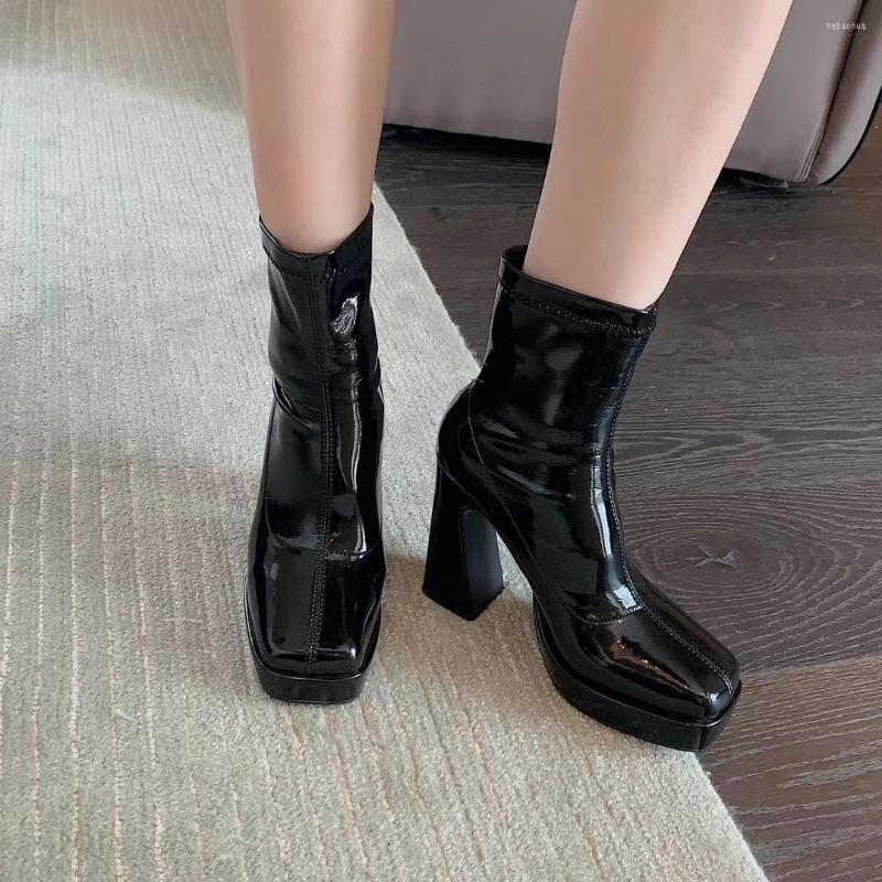 

Boots Fahsion Women Ankle Square Toe Sock Back Zipper Thick High Heels Platform Shoes Woman Party Winter Dress 39, Black