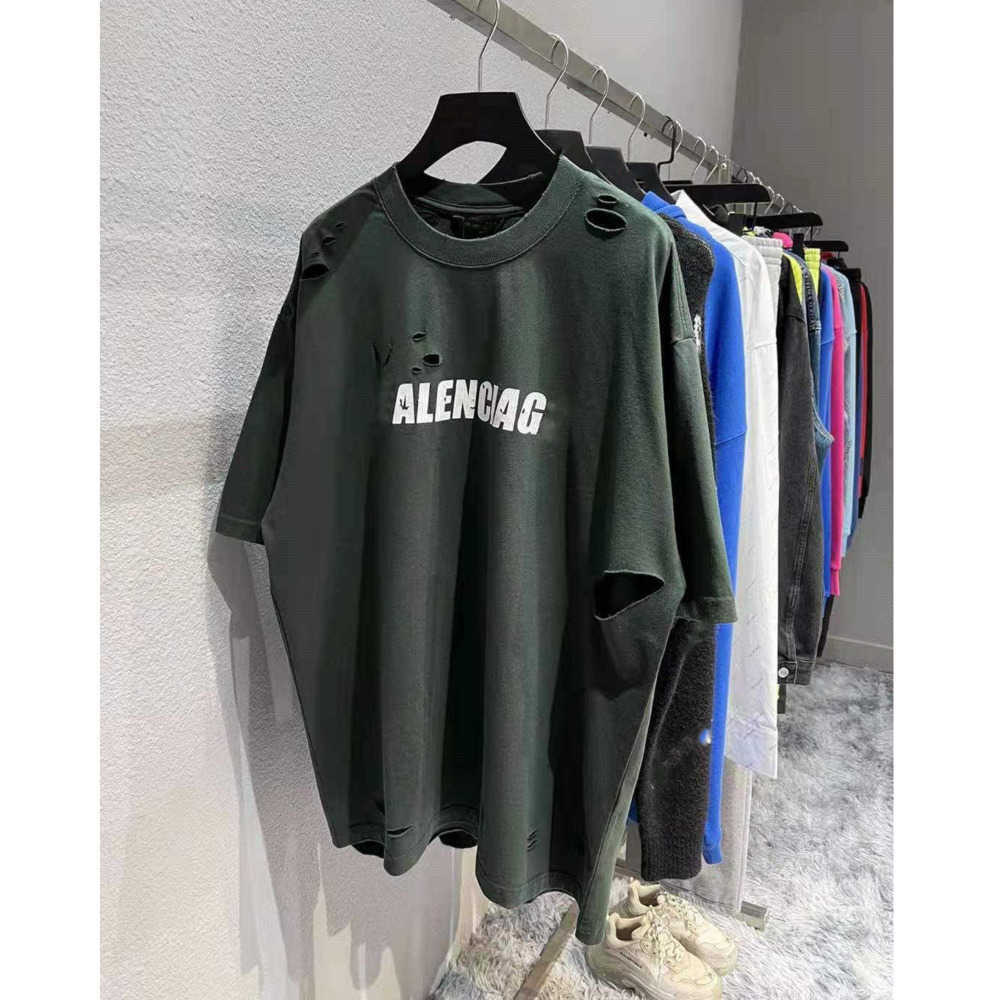 

Fashion Brand Designer t Shirt High Quality Letter Perforated Short Sleeve Loose Casual Men's Clothing Army Green Balanciagas, White