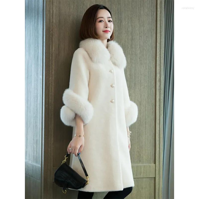 

Women' Fur 2022 Autumn Winter Imitation Sheep Shearling Coat Women' Mid-Length Faux Collar Loose Grain Velvet Female, White