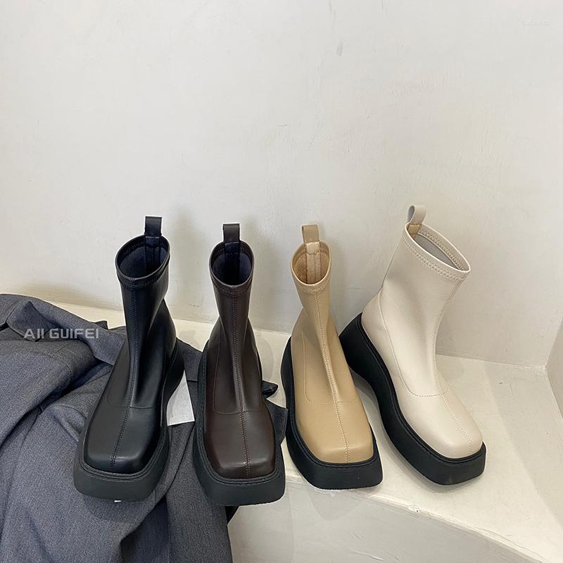 

Boots Round Toe Women Ankle Fashion Autumn Spring Stretch Shoes Platform Mid Heels Black Khaki White Ladies Sock, Beige