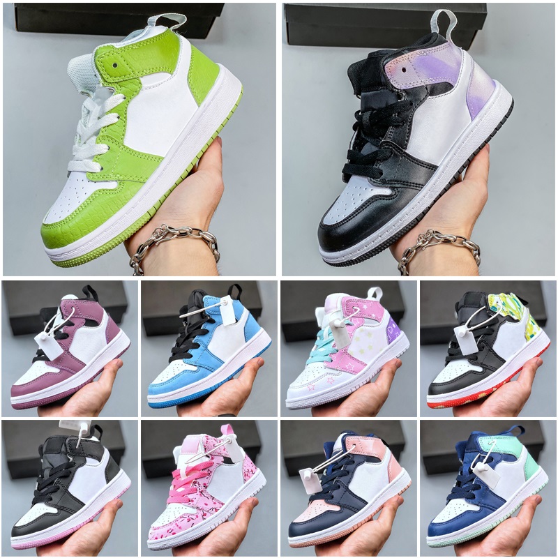 

Kids Basketball Sport Shoes Luxury Designer Infants Jumpman 1s 1 Toddler Kid Youth Child Shoe Pine Royal Scotts Obsidian Chicago Bred Sneakers Multi-Color Tie-Dye, (22)