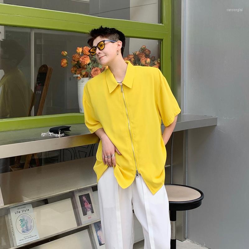 

Men's Casual Shirts 2022 Summer Comfortable Silk Double Zipper Yellow Shirt Men Women Korean Fashion Short Sleeve Camisa Masculina, Black