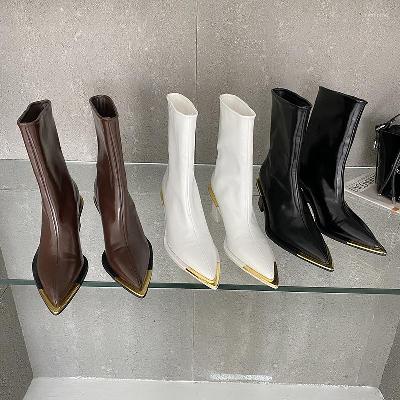 

Boots Pointed Toe Women Ankle Metal Black White Brown Square Mid Heels Slip On 2022 Arrivals Fashion Winter Woman