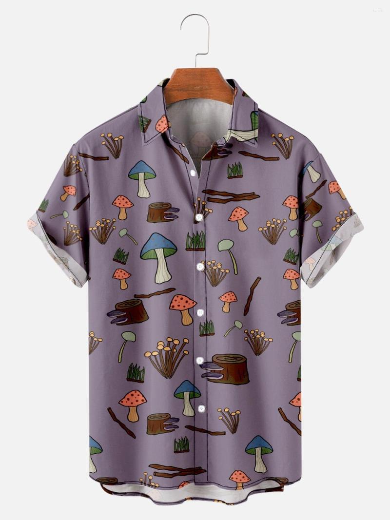 

Men's Casual Shirts Purple Chinese Style Mushroom Print Short Sleeve Shirt Harajuku Streetwear Men Hawaiian Summer Hip Hop Button Up Beach