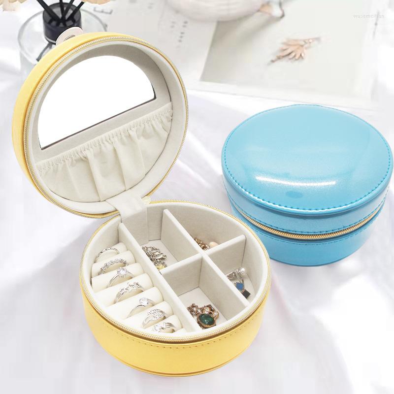 

Jewelry Pouches Travel Case Small Round Box With Mirror Bracelets Necklace Rings Earrings Organizer Storage Boxes Tassel Zipper